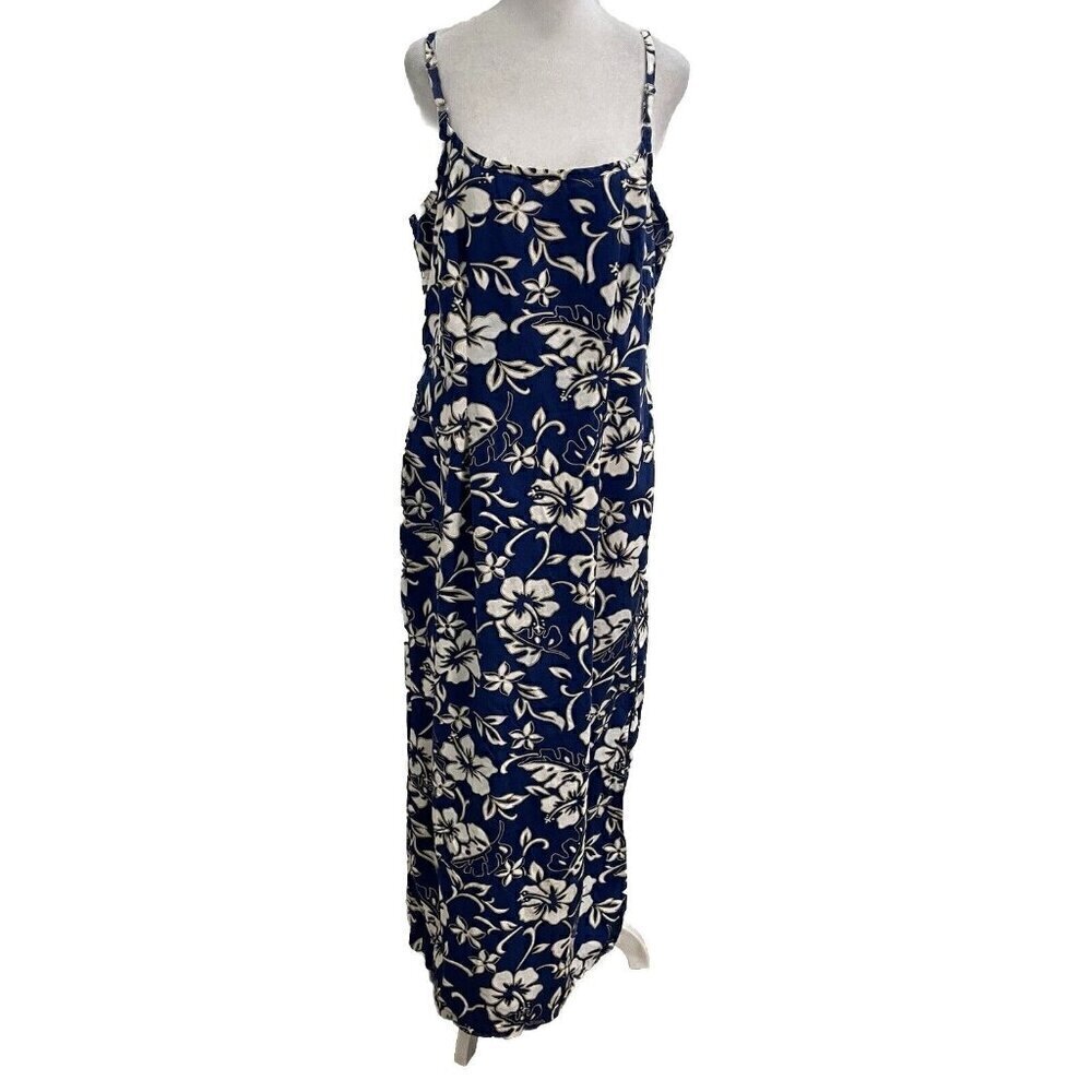 Vintage Hilo Hattie Hawaiian Tropical Floral Midi Dress Side Slit Blue size 14